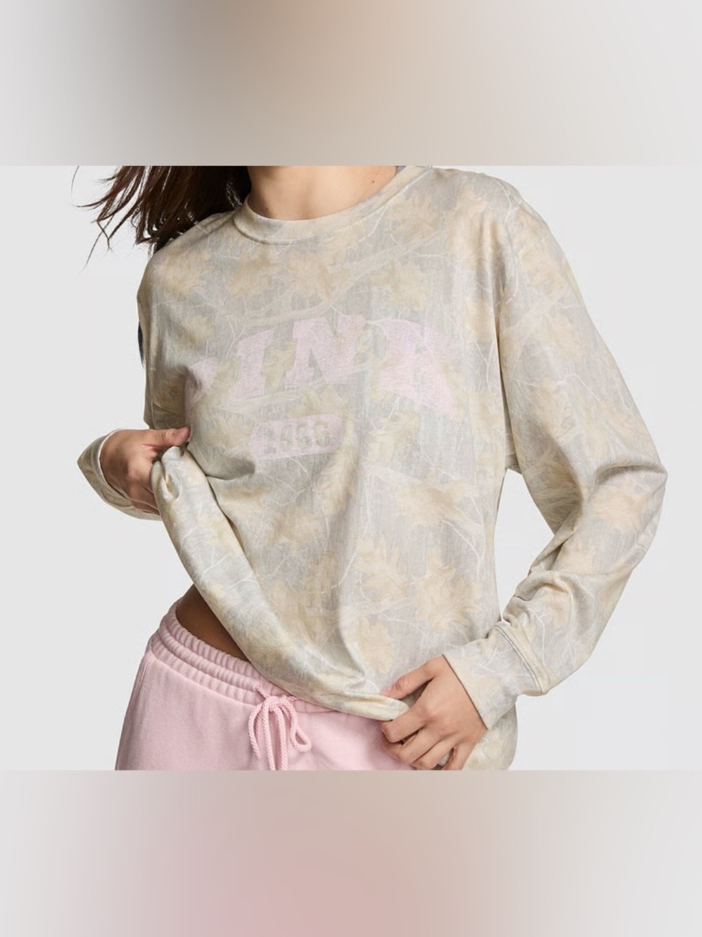 VS PINK Campus Cotton Long Sleeve Tee XS | Camo Print Pink Logo NWT